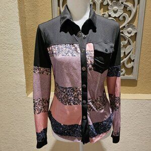 Color block Button-Up Long Sleeve Shirt M Patchwork Disco Boho 90's 70's Trucker